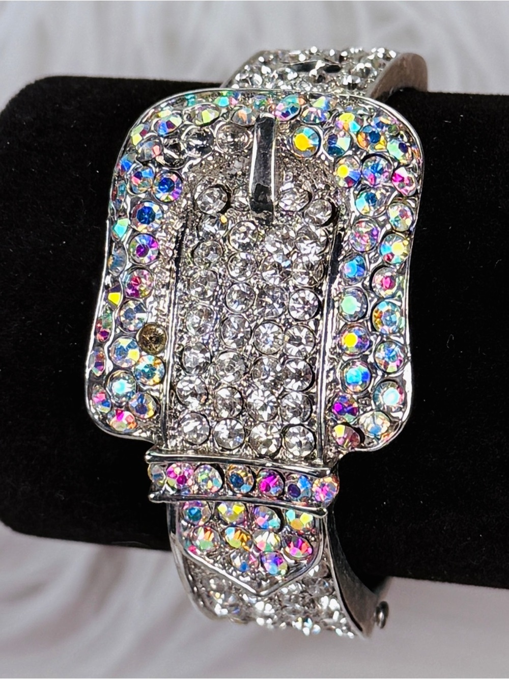 Aged Silvertone, iridescent stone bling, hinged buckle weighted bracelet